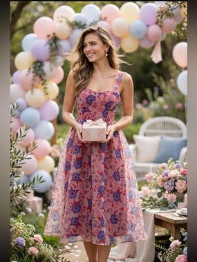 Delightful Look Magenta Floral Print Bustier Midi Skater Dress.